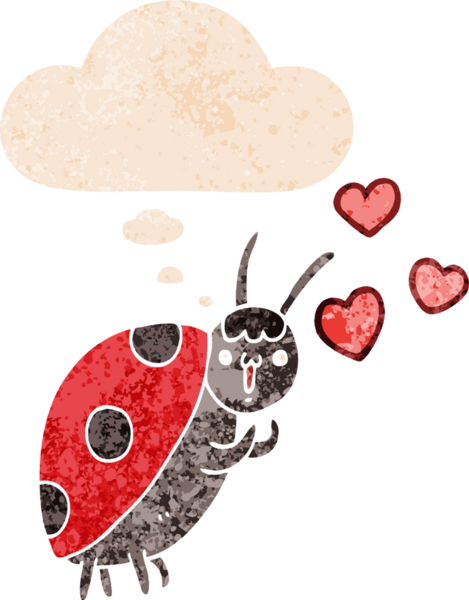 Sevimli çizgi film uğur böceği bir insan tarafından çizilmiş Grunge 'daki düşünce baloncuğuna aşık.