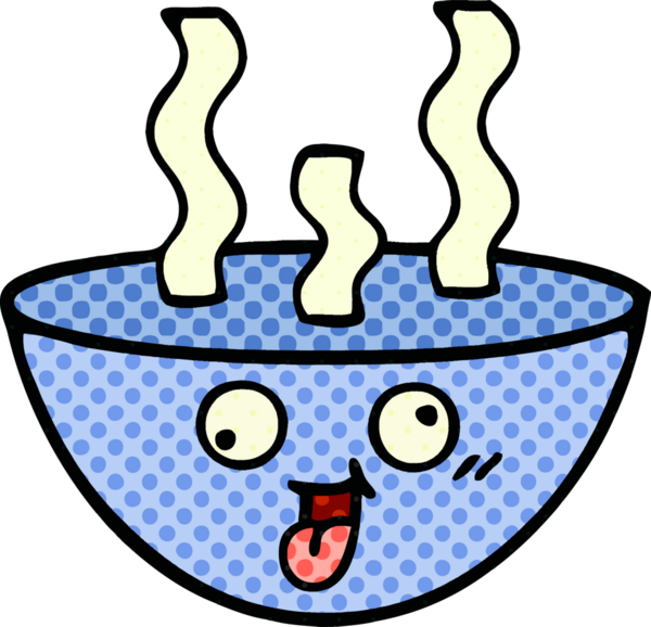 Bir insan tarafından çizilmiş sıcak çorba tabağının çizgi romanı.