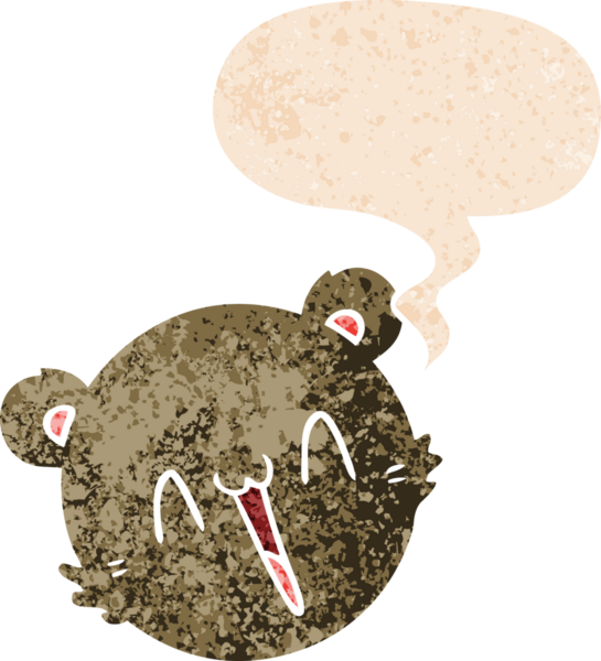 Bir insan tarafından çizilmiş grunge sıkıntılı retro tarzı konuşma baloncuğu ile sevimli oyuncak ayı yüzlü çizgi film