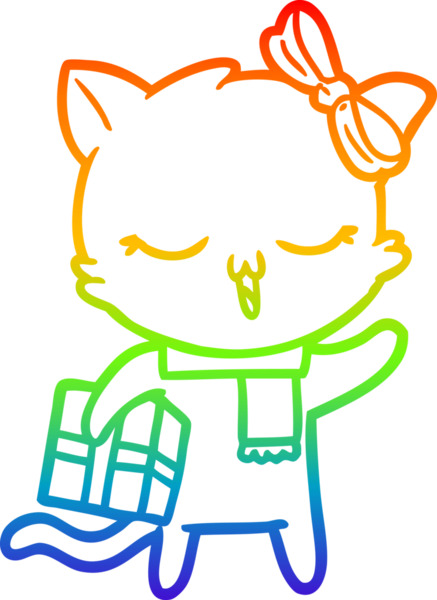 Gökkuşağı gradyan çizgi çizimi Bir insan tarafından çizilmiş Noel hediyeli çizgi film kızı kedi