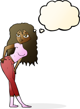 Bir insan tarafından çizilen düşünce baloncuğuna şaşırmış gibi görünen çekici bir kadın.