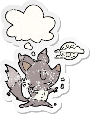 Ay ışığında değişen bir kurt adam. Düşünce baloncuğu insan tarafından çizilmiş yıpranmış bir çıkartma.