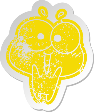 Sıkıntılı eski çizgi film çıkartması Kawaii bir insan tarafından çizilmiş şirin kurbağayı heyecanlandırdı.