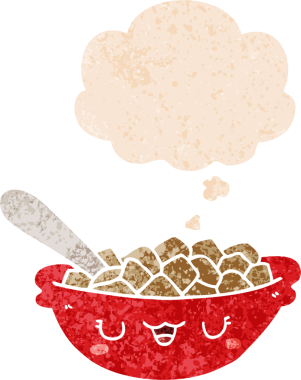 Hoş bir çizgi film mısır gevreği kasesi. Düşünce baloncuğu ve grunge dertli retro desenli bir insan tarafından çizilmiş.