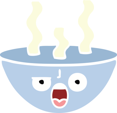 Bir insan tarafından çizilmiş sıcak çorba kasesinin düz renkli retro karikatürü