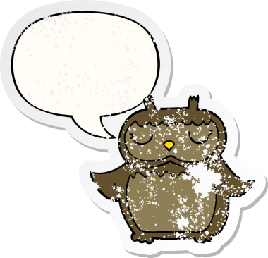 Konuşma baloncuğu olan çizgi film baykuşu bir insan tarafından çizilmiş sıkıntılı eski bir çıkartma