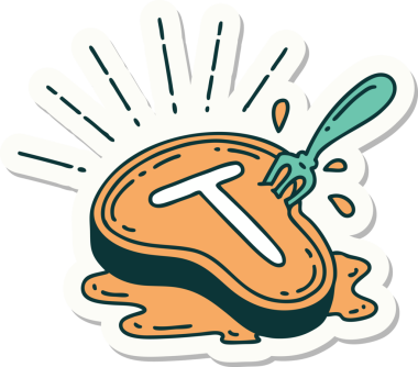 Bir insan tarafından çizilmiş dövme stili biftek ve çatal.