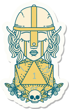 Hüzünlü bir elf savaşçı karakterinin çıkartması. Bir insan tarafından çizilmiş doğal bir d20 rulo.