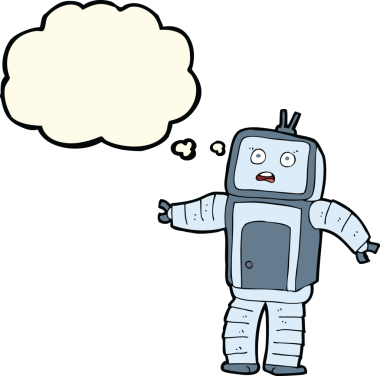 Bir insan tarafından çizilmiş düşünce baloncuklu komik robot.