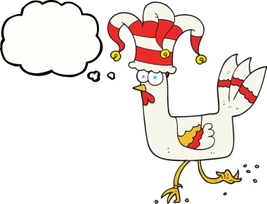 Bir insan tarafından çizilmiş komik bir şapkayla koşan serbest çizilmiş düşünce balonu tavuğu.