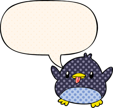 Bir insan tarafından çizilmiş çizgi roman tarzında konuşma balonu olan sevimli penguen.