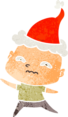 Bir insan tarafından çizilmiş Noel Baba şapkası giymiş gergin bir adamın el çizimi karikatürü.