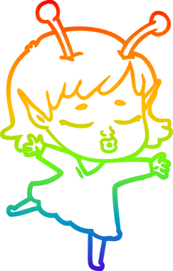 Gökkuşağı gradyan çizgisi. Bir insan tarafından çizilmiş şirin bir uzaylı kız çizgi filmi.