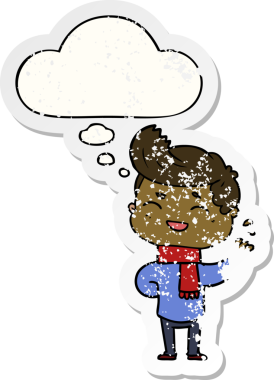 Düşünce baloncuğuyla gülen çizgi filmci, bir insan tarafından çizilmiş yıpranmış bir çıkartma gibi.