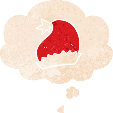 Düşünce baloncuklu çizgi film Noel Baba şapkası grunge sıkıntılı retro desenli bir insan tarafından çizilmiş