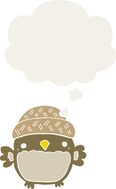 Şapkalı şirin bir baykuş. Düşünce baloncuğu insan tarafından çizilmiş.