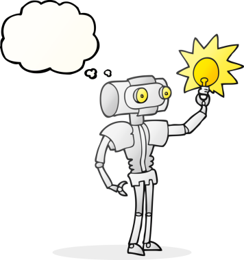 Bir insan tarafından çizilmiş ampullü serbest çizilmiş düşünce balonu çizgi film robotu