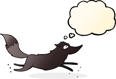 Bir insan tarafından çizilmiş düşünce baloncuğuyla koşan çizgi film kurdu.