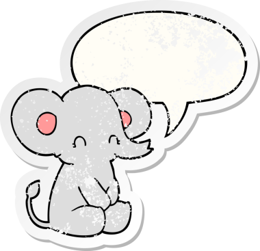 Konuşma baloncuğu olan sevimli çizgi film fili bir insan tarafından çizilmiş sıkıntılı, yaşlı bir çıkartma.