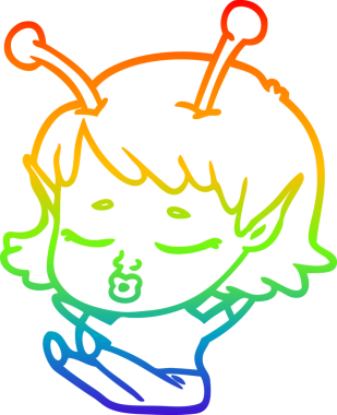 Gökkuşağı gradyan çizgisi. Bir insan tarafından çizilmiş şirin bir uzaylı kız çizgi filmi.