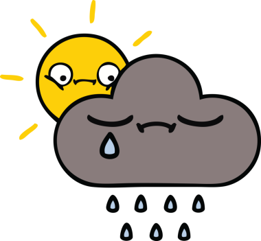 Bir insan tarafından çizilmiş bir fırtına bulutu ve güneş karikatürü.