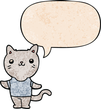 Konuşma baloncuğu olan çizgi film kedisi insan tarafından çizilmiş eski moda dokular.