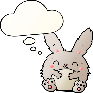 Düşünce baloncuğu olan sevimli çizgi film tavşanı bir insan tarafından çizilmiş.