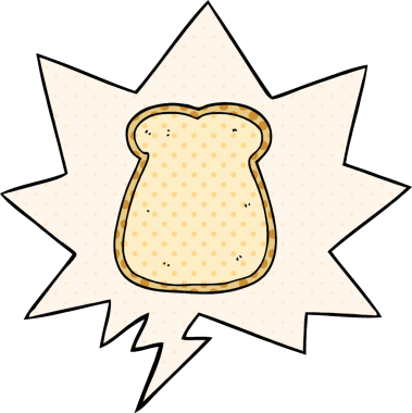 Bir insan tarafından çizilmiş çizgi roman tarzında konuşma baloncuğu olan bir ekmek dilimi.