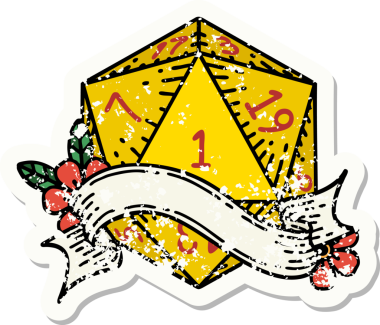 Bir insan tarafından çizilmiş doğal bir d20 zarının grunge çıkartması.