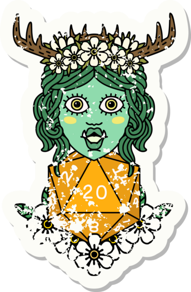 Bir insan tarafından çizilmiş 20 zarlı yarım ork Druid etiketi.