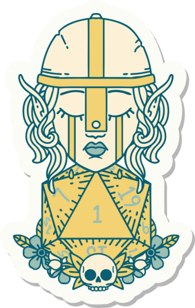 Hüzünlü bir elf savaşçı karakterinin çıkartması. Bir insan tarafından çizilmiş doğal bir d20 rulo.