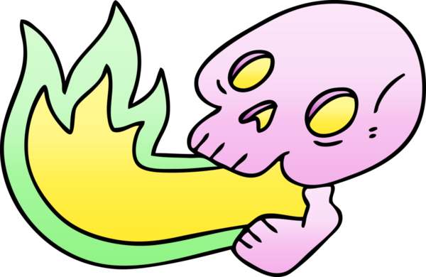 Ateş soluyan, gölgeli, bir insan tarafından çizilmiş tuhaf bir kafatası.