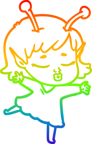 Gökkuşağı gradyan çizgisi. Bir insan tarafından çizilmiş şirin bir uzaylı kız çizgi filmi.