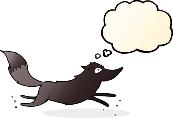 Bir insan tarafından çizilmiş düşünce baloncuğuyla koşan çizgi film kurdu.