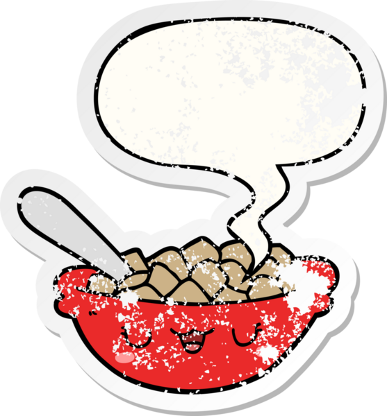 Tatlı bir mısır gevreği kasesi, konuşma baloncuğu, bir insan tarafından çizilmiş sıkıntılı eski bir çıkartma.