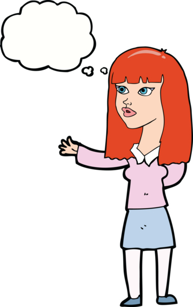 Bir insan tarafından çizilmiş düşünce baloncuğu olan bir şey göstermek isteyen bir karikatür kadını.