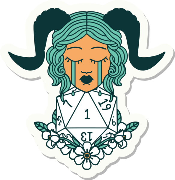 Ağlama etiketi, bir insan tarafından çizilmiş doğal bir D20 zar atışıyla bağlanmış.