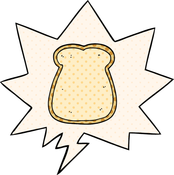 Bir insan tarafından çizilmiş çizgi roman tarzında konuşma baloncuğu olan bir ekmek dilimi.