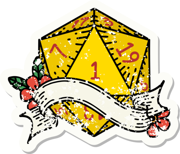 Bir insan tarafından çizilmiş doğal bir d20 zarının grunge çıkartması.