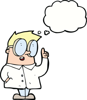 Bir insan tarafından çizilmiş düşünce baloncuğu olan çizgi film bilim adamı.