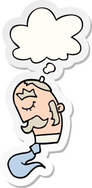 Düşünce baloncuklu bıyıklı çizgi film adamı. Bir insan tarafından çizilmiş çıkartma gibi.