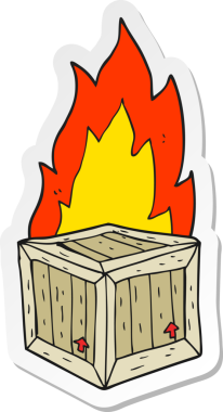 Bir insan tarafından çizilmiş yanan bir karikatür kutusunun etiketi.