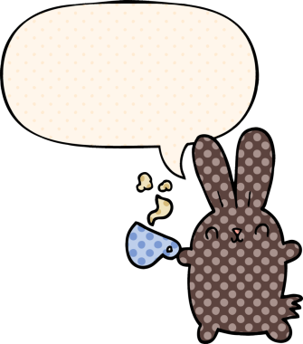 Bir insan tarafından çizilmiş çizgi roman tarzında konuşma balonlu kahve fincanı olan sevimli çizgi film tavşanı.