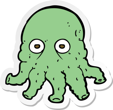 Bir insan tarafından çizilmiş uzaylı mürekkep balığı suratlı karikatür çıkartması.