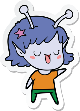 Bir insan tarafından çizilmiş mutlu uzaylı kız çizgi filminin çıkartması.