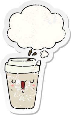 Düşünce baloncuklu çizgi film kahve fincanı insan tarafından çizilmiş yıpranmış bir çıkartma gibi.