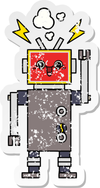 Bir insan tarafından çizilmiş mutlu bir robotun üzgün çıkartması.