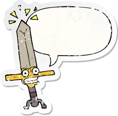 Konuşma baloncuklu sihirli kılıç bir insan tarafından çizilmiş kederli eski bir çıkartma