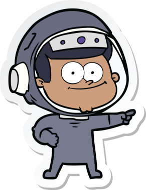 Bir insan tarafından çizilmiş mutlu bir astronot çizgi filminin çıkartması.