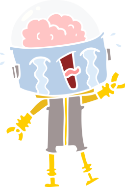 Düz renkli çizgi film ağlayan robot bir insan tarafından çizildi.